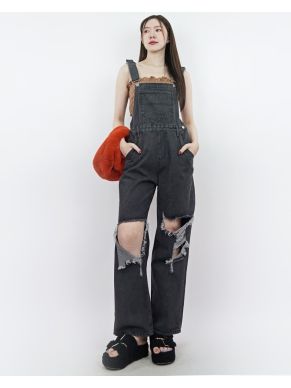 CHARCOAL RIPPED DENIM DUNGAREES