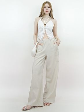 RUCHED TIE SIDE LINEN PANTS-WHEAT